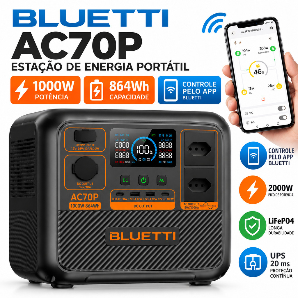 BLUETTI AC70P Estação de Energia Portátil 1000W 864Wh 220V Tomada BR