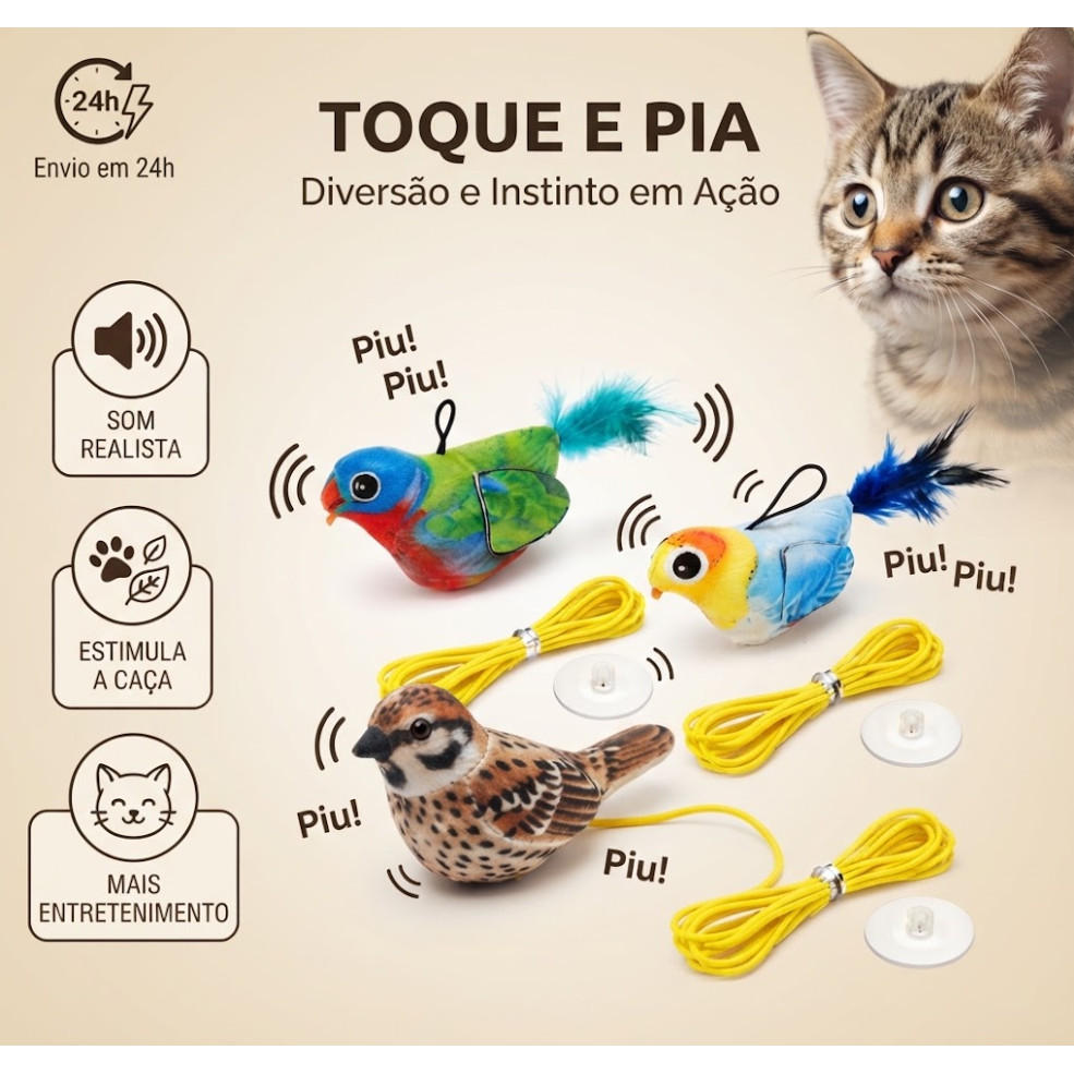 Brinquedo Pássaro Interativo Para Gatos Com Som, Corda E Penas - Brinquedo Que Emite Som Sozinho Para Gatos