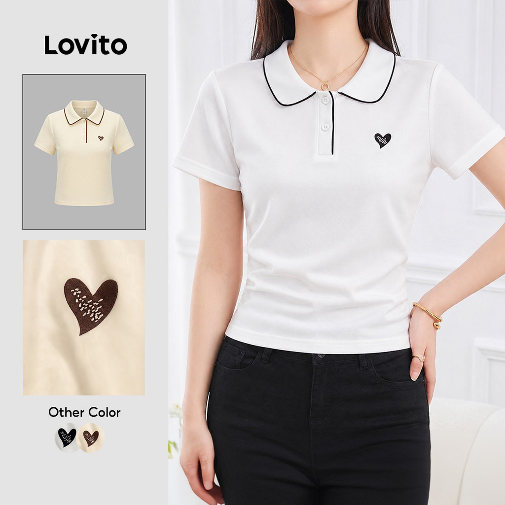 Lovito Casual Camiseta Branca Com Detalhes Contrastantes Para Mulheres Ideal Para a Primavera/verão LNE109D004