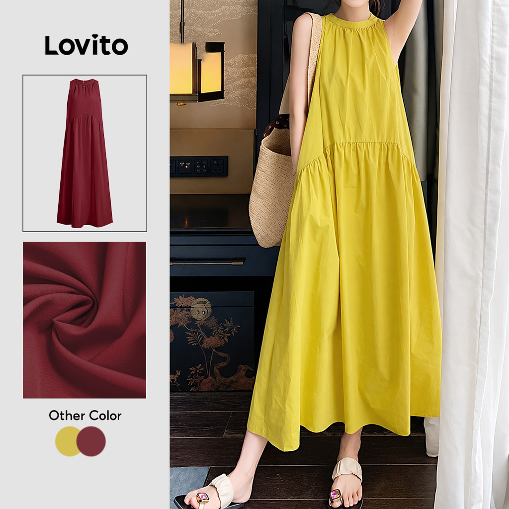 (NEW) Lovito Férias para Macio e Bolso Primavera/verão amarelo Confortável Vestido de Franzido com L137ED758