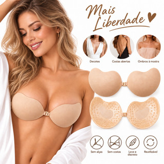 Sutiã Invisível para Decote Adesivo Sem Alças com Sustentação Fecho Frontal Nude A a D