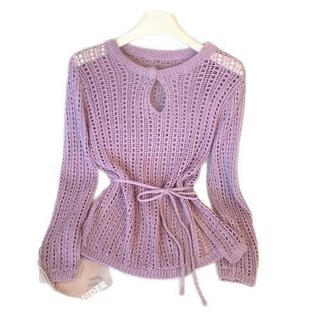 Estilo fino protetor solar blusa Irregular rendas solto topo oco de manga comprida malhas femininas
