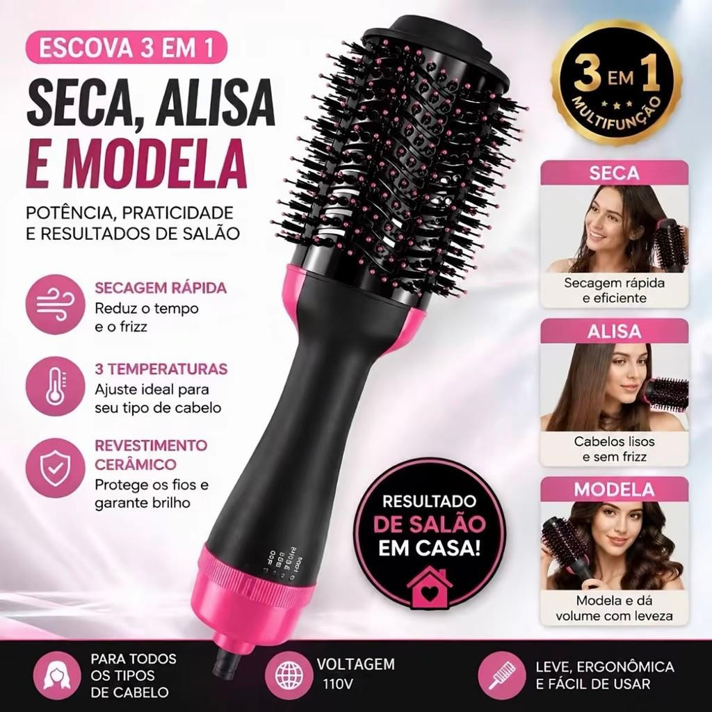 Escova Secadora 3 em 1 One Step Alisadora Modeladora Ar Quente Anti Frizz Profissional