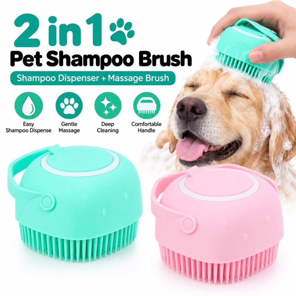 Escova de banho para animais de estimação 2 em 1, com massageador de silicone e dispensador de sabão, para cães e gatos.