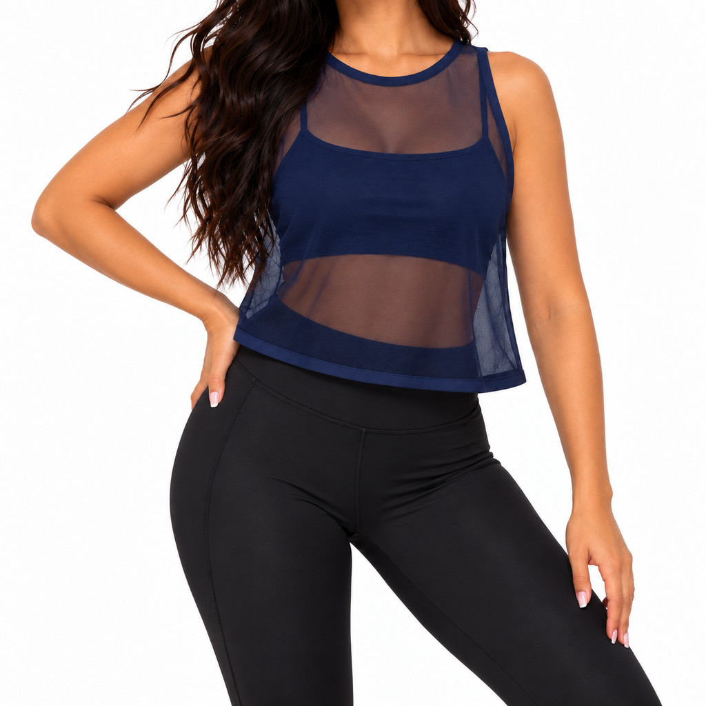 Kit Feminino Regata Tule e Cropped Microfibra Fitness Premium Academia Treino Dia a Dia