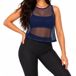 Kit Feminino Regata Tule e Cropped Microfibra Fitness Premium Academia Treino Dia a Dia