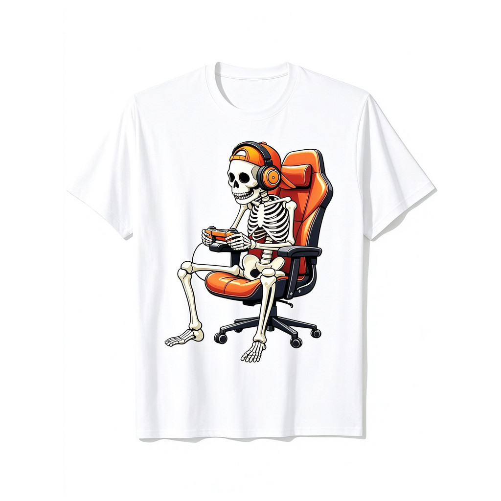 Camiseta Feminina Estampa Esqueleto Gamer Usando Headset Boné Virado Controle De Jogo Sentado Em Cadeira Gamer Laranja D