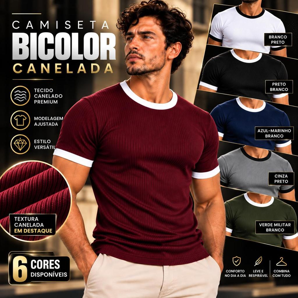 Camiseta Masculina Canelada Bicolor Americana Ribana Slim Fit Premium Camisa Justa Casual Manga Curta Moda Masculina