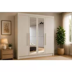 Guarda Roupa Solteiro 3 Gavetas e 4 Portas c/2 Espelho Nantes Off White - Europa