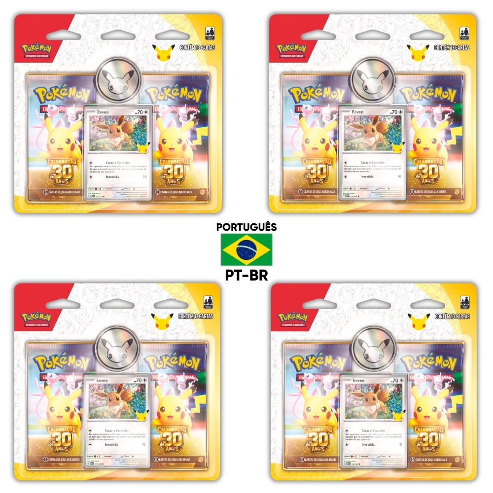 BLISTER DUPLO PORTUGUÊS CELEBRAÇÃO 30 ANOS POKÉMON MOEDA COLEÇÃO ESPECIAL COPAG EEVEE CARD TCG PTBR