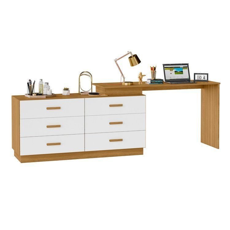 Escrivaninha Mesa Escritório em L com Cômoda Leonie 6 Gavetas 138 cm Yescasa Freijó e Branco Marrom Freijó/Branco · foto 2