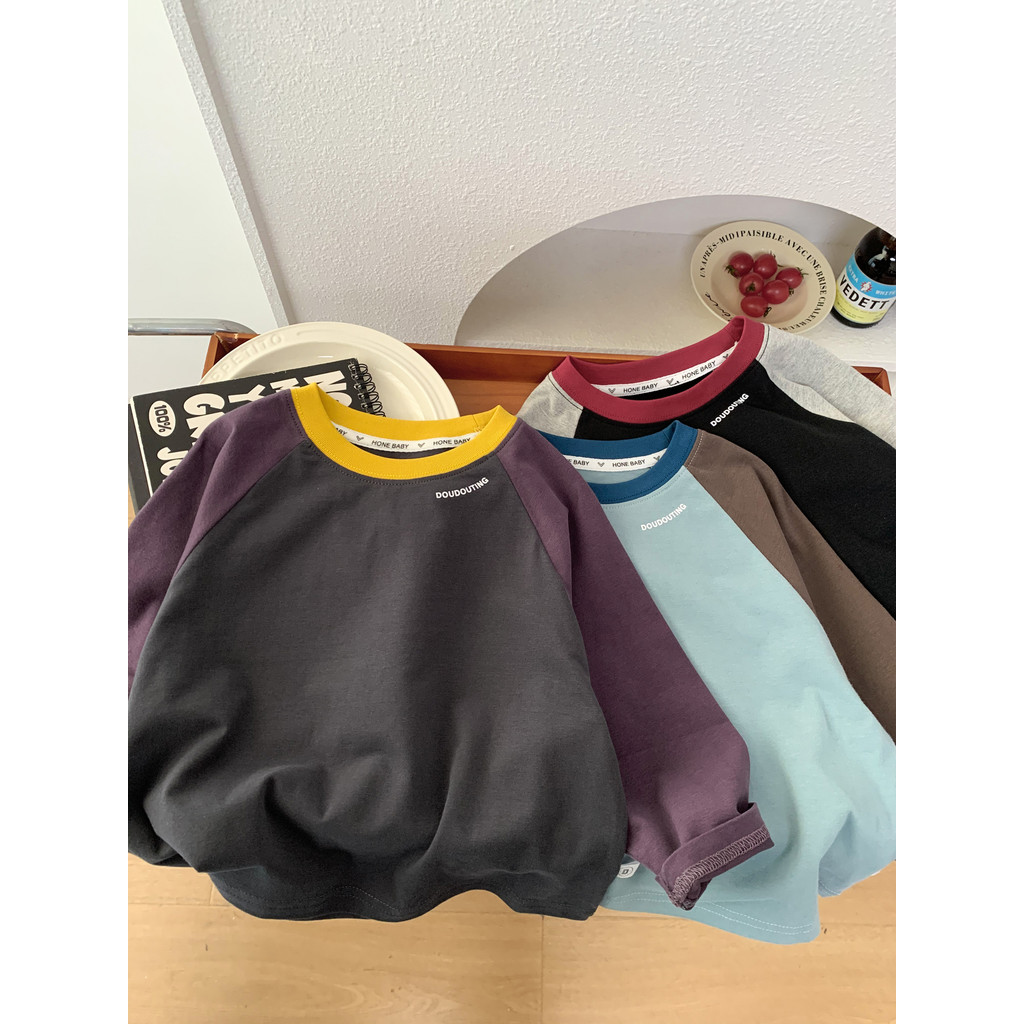 Meninos puro algodão manga comprida camiseta 2026 novo estilo crianças contraste cor manga Raglan em torno do pescoço so