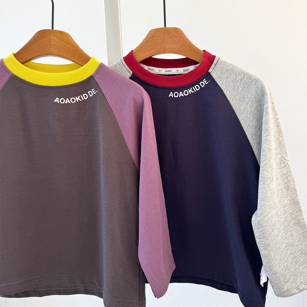 Crianças soltas de manga comprida camiseta primavera outono novo estilo meninos cor-bloqueio em torno do pescoço camisa 