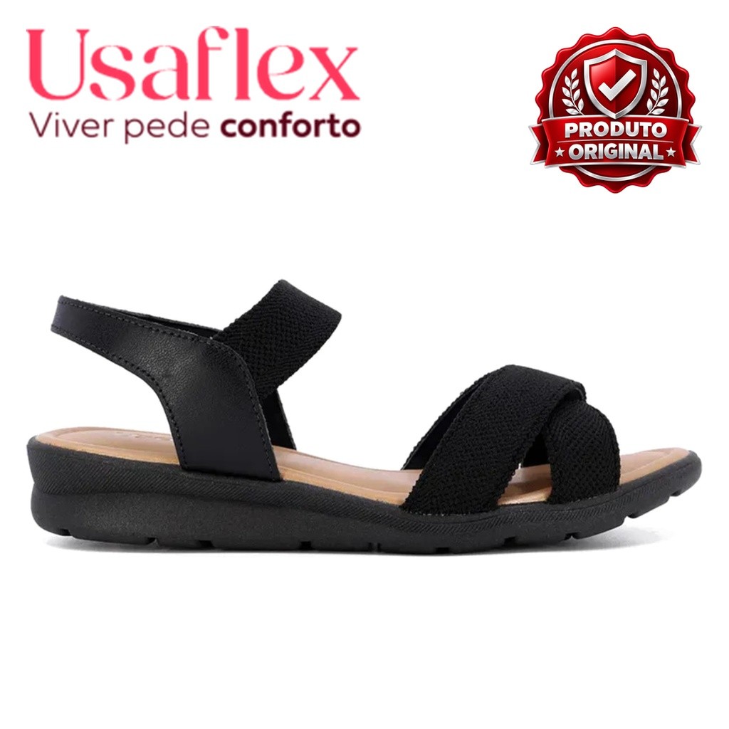 Sandália Usaflex Feminina Ortopédica Plataforma Preto AC2309 Couro Legítimo Bico Redondo Confortável