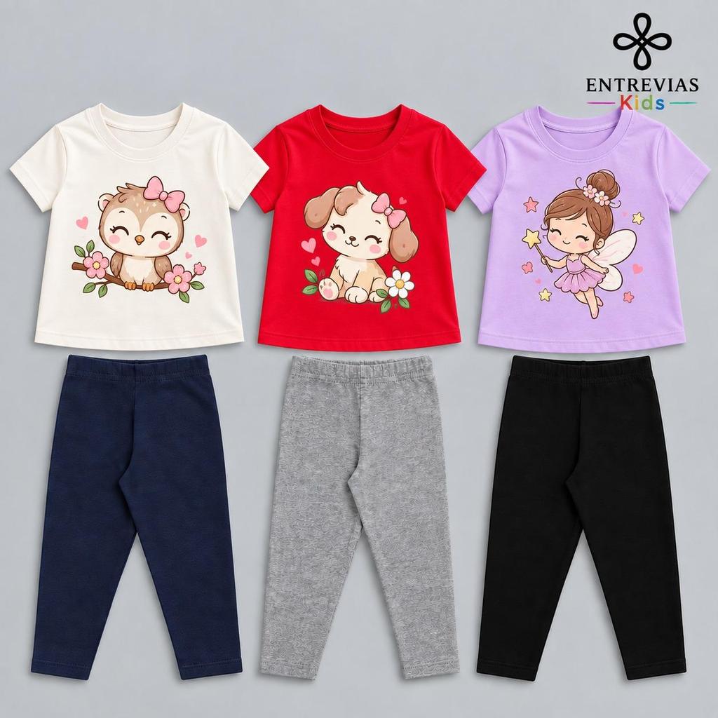 Conjunto Escola Feminino Menina 2 4 Peças Camiseta Estampada Algodão Calça Legging Cotton Infantil