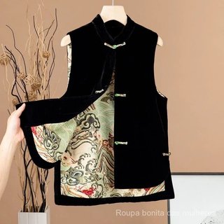 Casacos femininos, coletes femininos, colete de veludo estilo chinês para primavera e outono, colete com gola alta e fiv