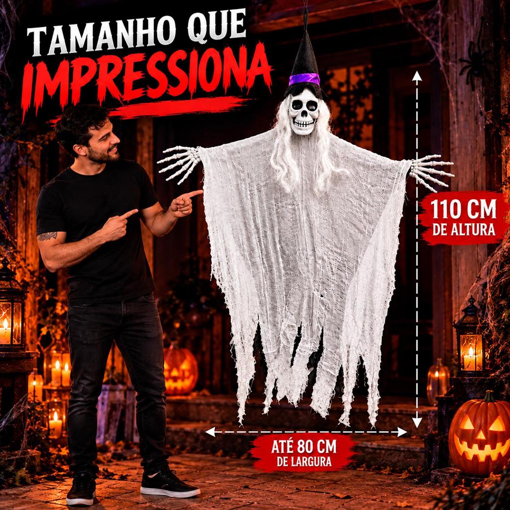 Fantasma de Halloween Bruxa Caveira Com Chapéu Gigante 110 cm — imagem 2 de 2