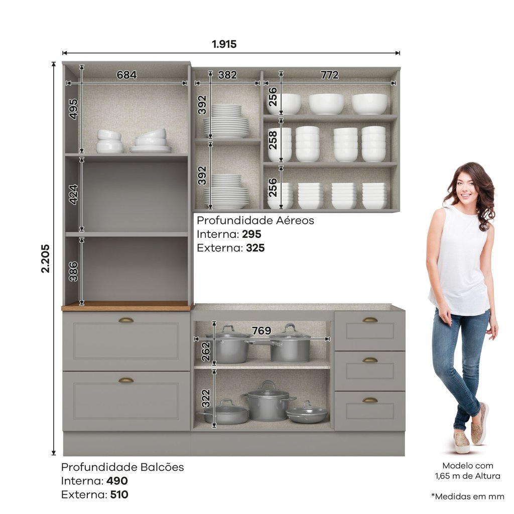 Cozinha Compacta 3 Peças 100% MDF com Torre Quente 2 Fornos Americana Cinza Cinza · foto 2