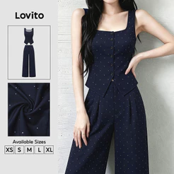 Lovito Blusa ou Parte de Baixo Sem Manga Casual Botão Lazer Simples Azulescuro Primavera/verão Conjunto para Mulheres PSK9TD081