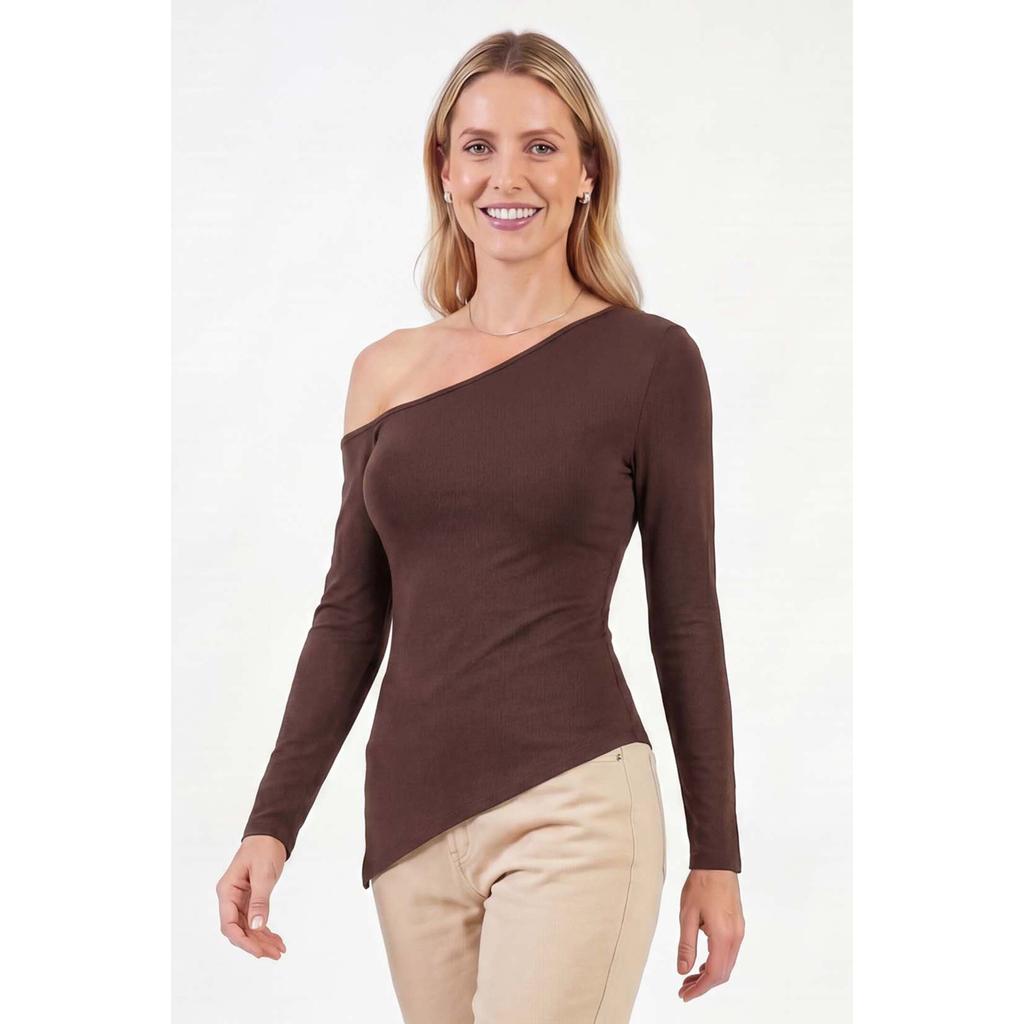 Blusa Manga Longa Feminina Assimétrica Marialícia Marrom Escuro