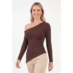 Blusa Manga Longa Feminina Assimétrica Marialícia Marrom Escuro