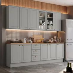 Cozinha Compacta 5 Peças 100% MDF com Balcão Pia com Tampo e Aéreo com Portas de Vidro Americana Cinza