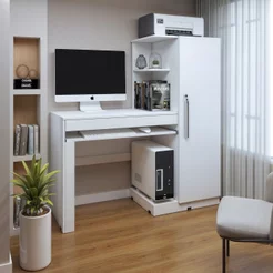 Mesa para Computador Escrivaninha com Armário Office 1 Gaveta 130cm Branca Fosco Branco Fosco