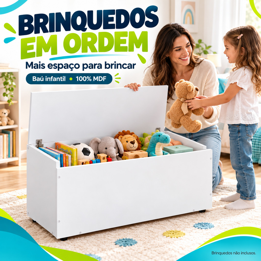 Baú para Brinquedos Organizador Infantil Grande 100% MDF Branco Caixa para Quarto com Tampa 91,5 cm
