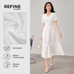 (Refine By Lovito) Vestido Casual Bordado Ilhós Primavera Verão Elegante Branco Feminino LR26ED067