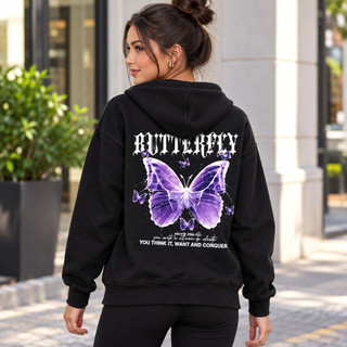 Moletom borboleta roxa casaco feminino com bolso e capuz casual hoodie outono casaco feminino streetwear