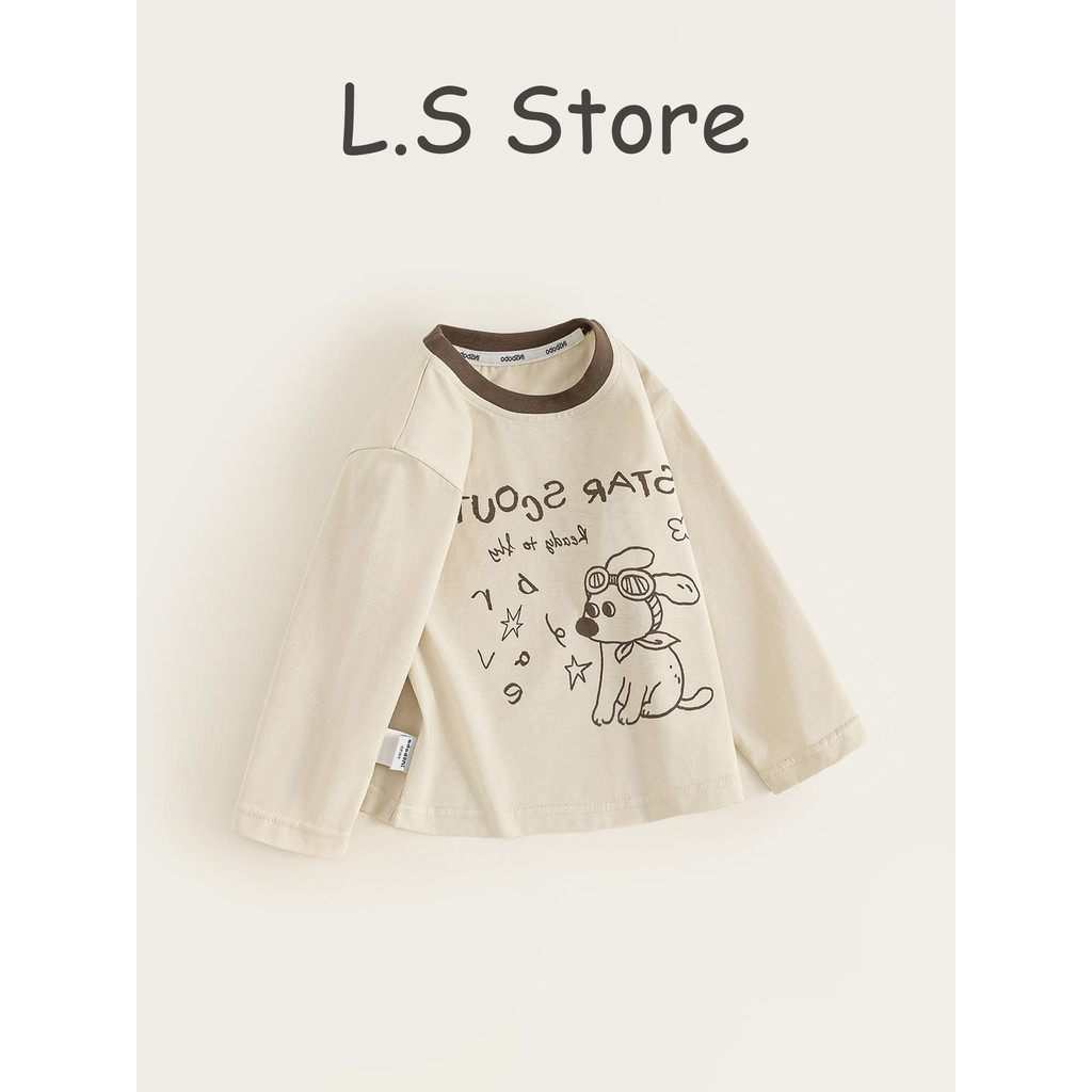 Outono simples bonito filhote de cachorro dos desenhos animados crianças de manga comprida camiseta em torno do pescoço 
