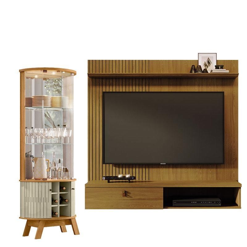 Estante Home Theater Suspenso Íris Cumaru com Cristaleira Marina Cumaru Opala – Madetec