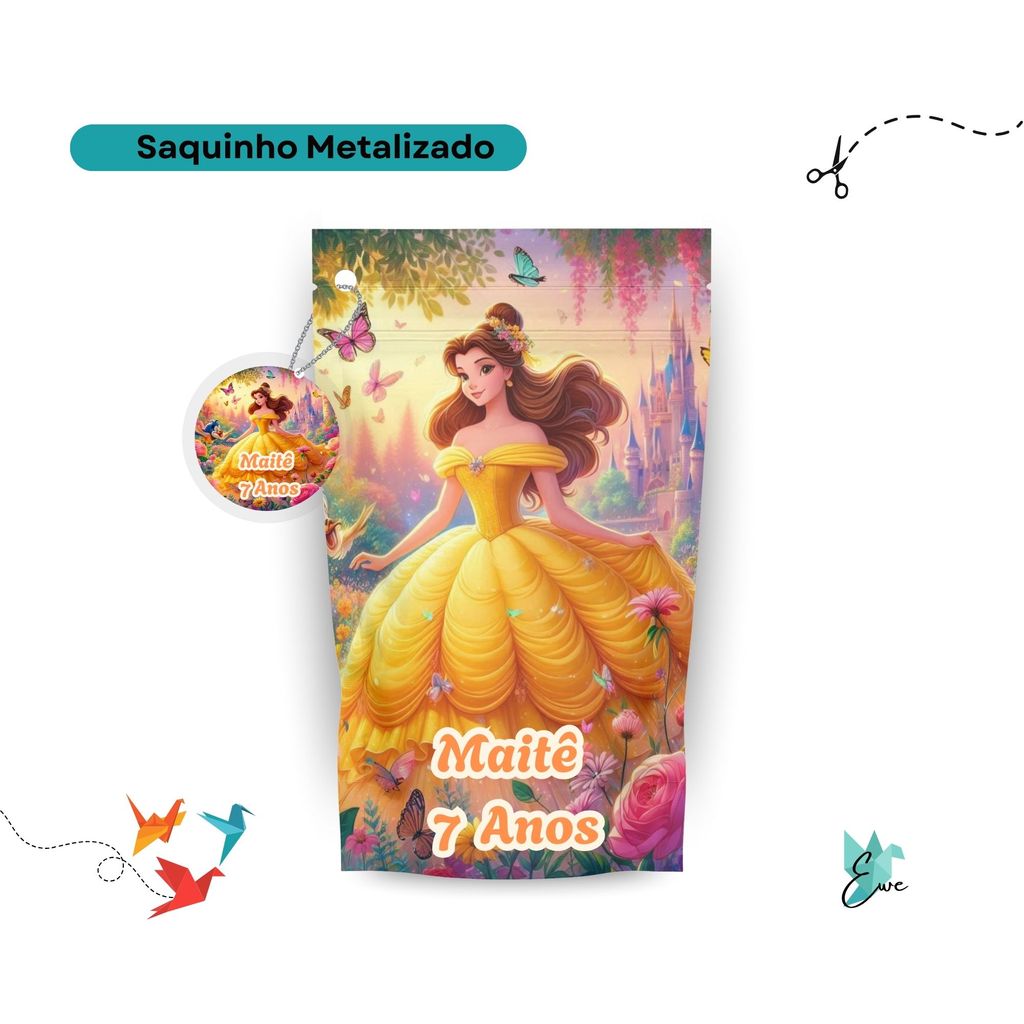 Saquinho Metalizado Bela e a Fera12x19 Personalizado - Lembrancinha Aniversário | Saquinho Surpresa