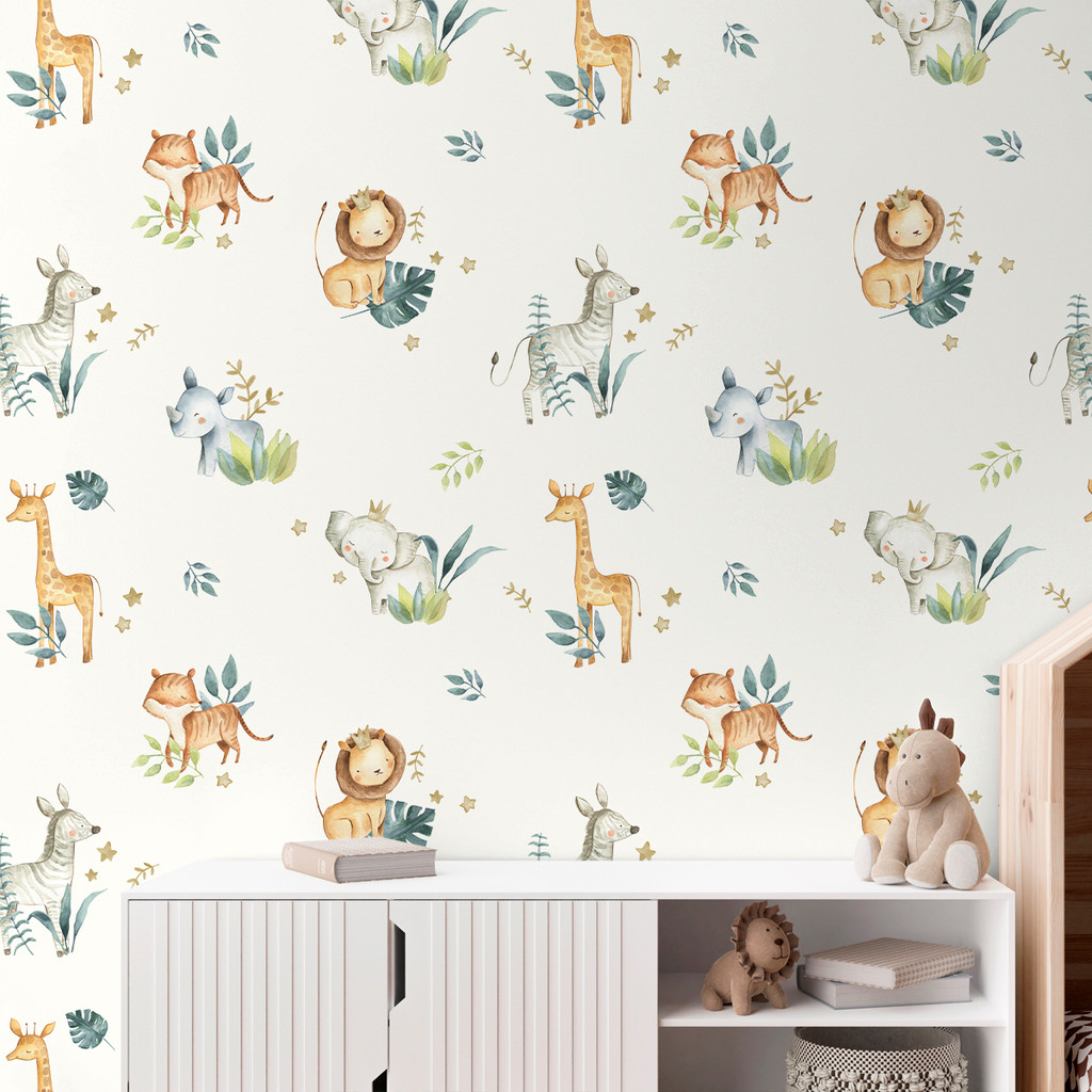 Papel de Parede Infantil Safari Aquarela Animais da Selva | Quarto de Bebê Auto Adesivo Decorativo Leão Girafa Elefante