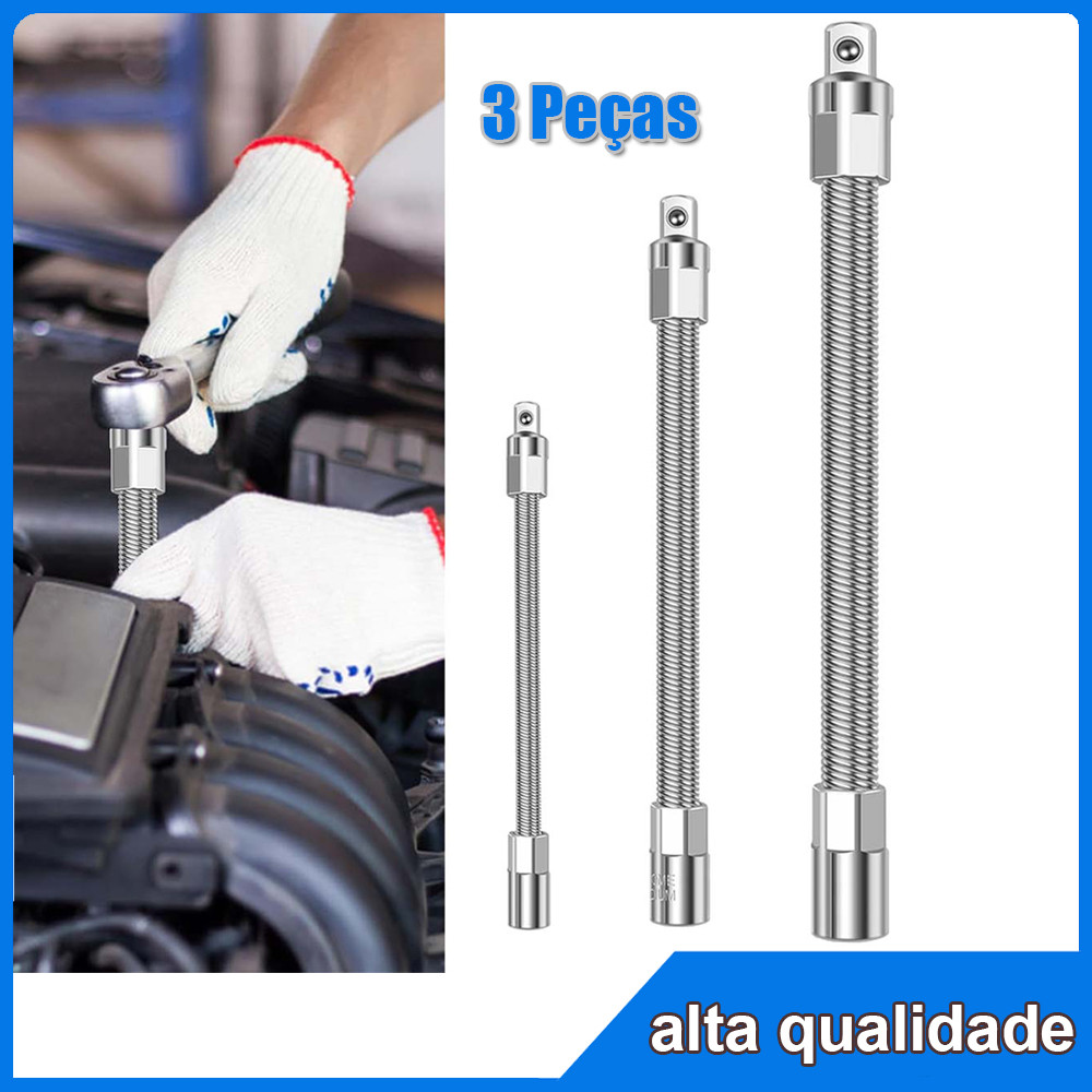1/4 3/8 1/2 Driver Flexível Longo Soquete Extensão Haste Adaptador Chave Catraca 3 peças