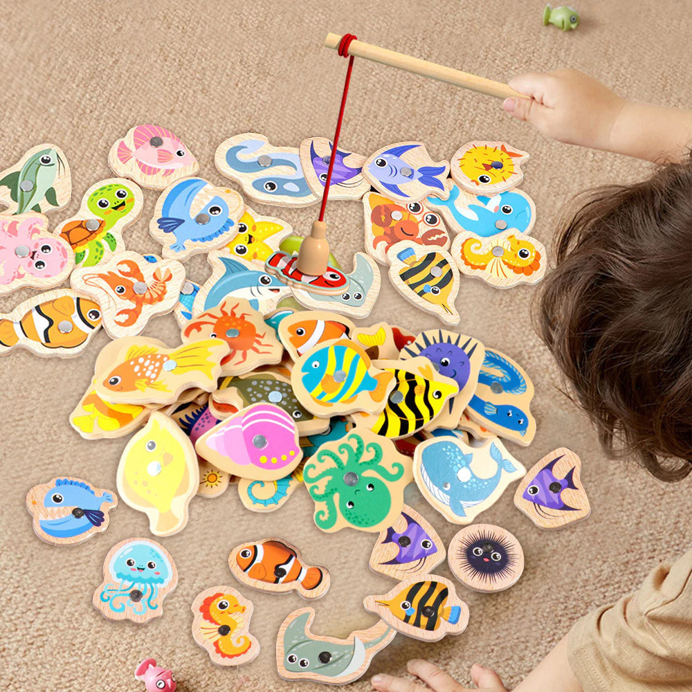 33 Peças Brinquedos De Pesca De Madeira/Jogos Educacionais Para Crianças Montessori/pesca peixe brinquedo