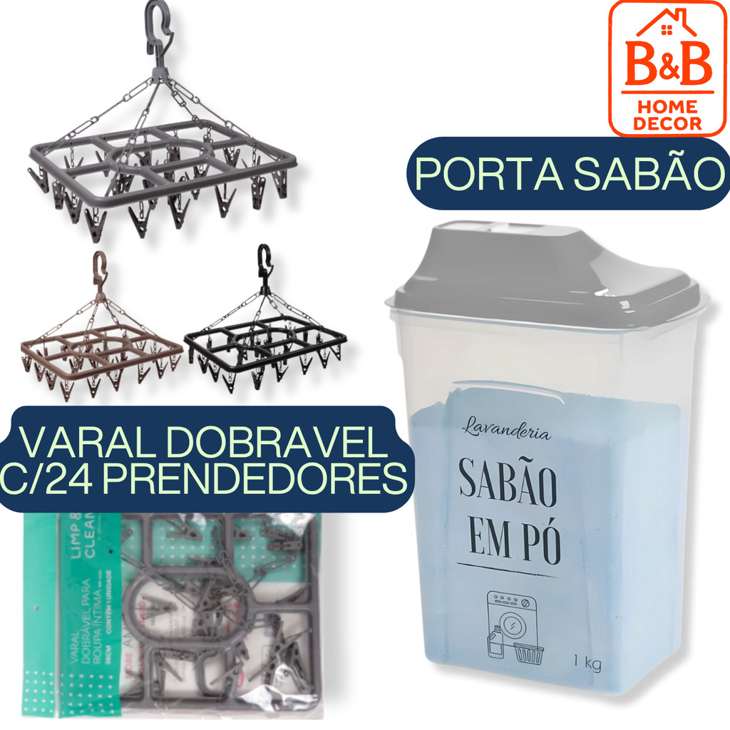 Kit Lavanderia: Porta Sabão em Pó Dispenser 1Kg + Varal Roupa Íntima Quadrado 24 Prendedores