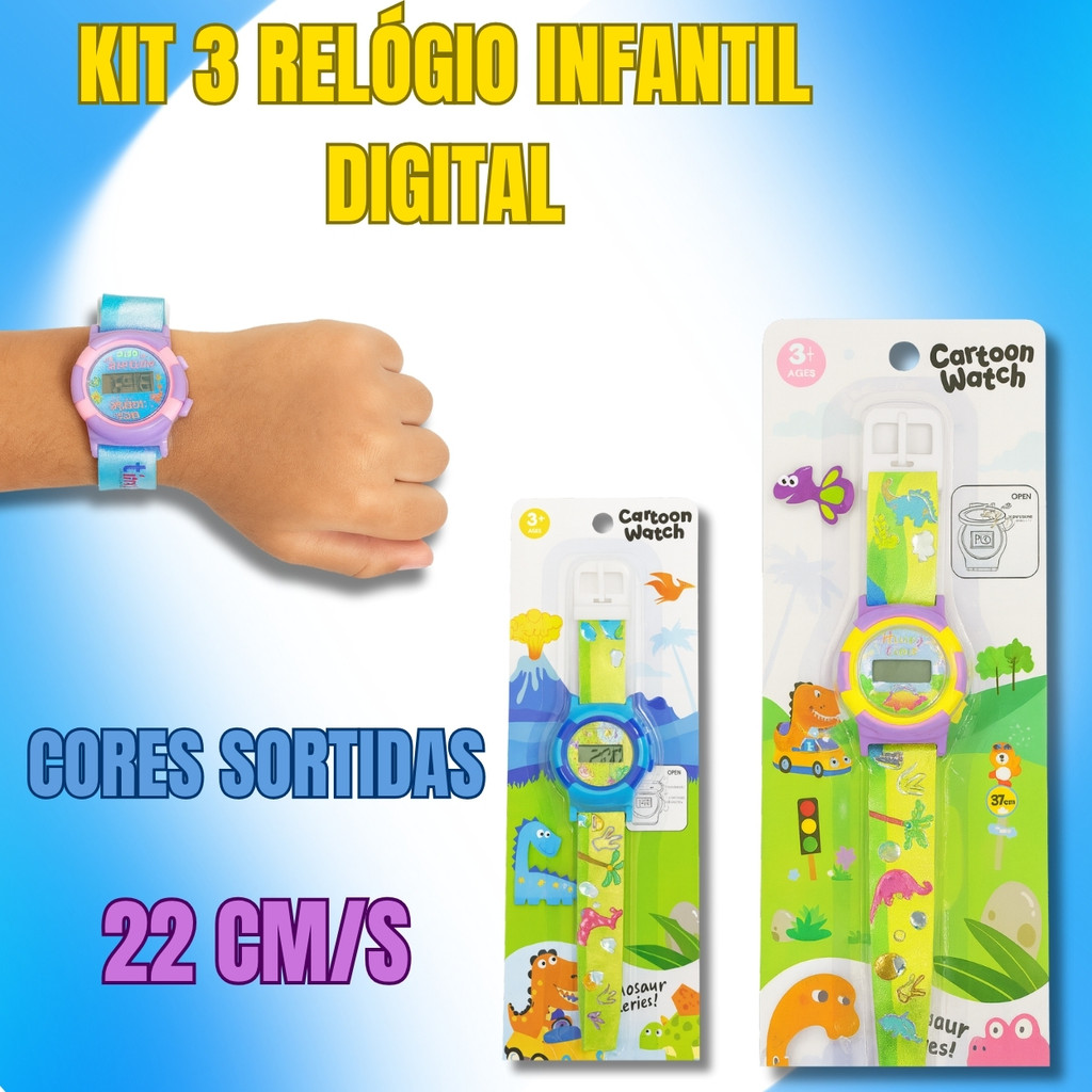 Relógio Infantil Digital Kit com 3 Unidades | Personagens e Cores Variadas