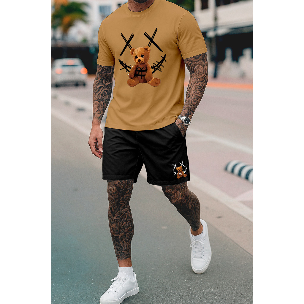 Kit Camiseta e Short Streetwear Urso Smile Camisa de Algodão 26.1 Premium