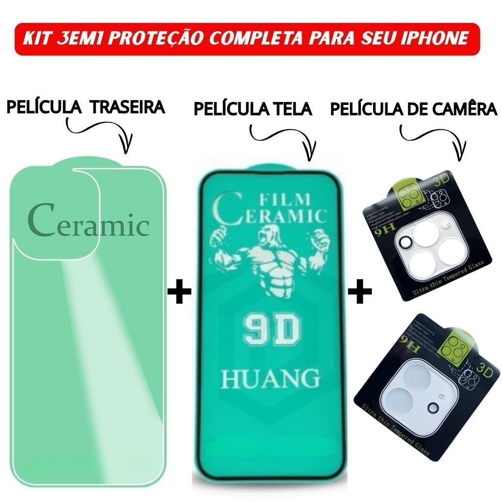 Kit 3em1 Película Traseira + Película Câmera Transparente + Película Cerâmica Tela iPhone 11 12 13 14 15 16 Pro Max em Oferta na Shopee