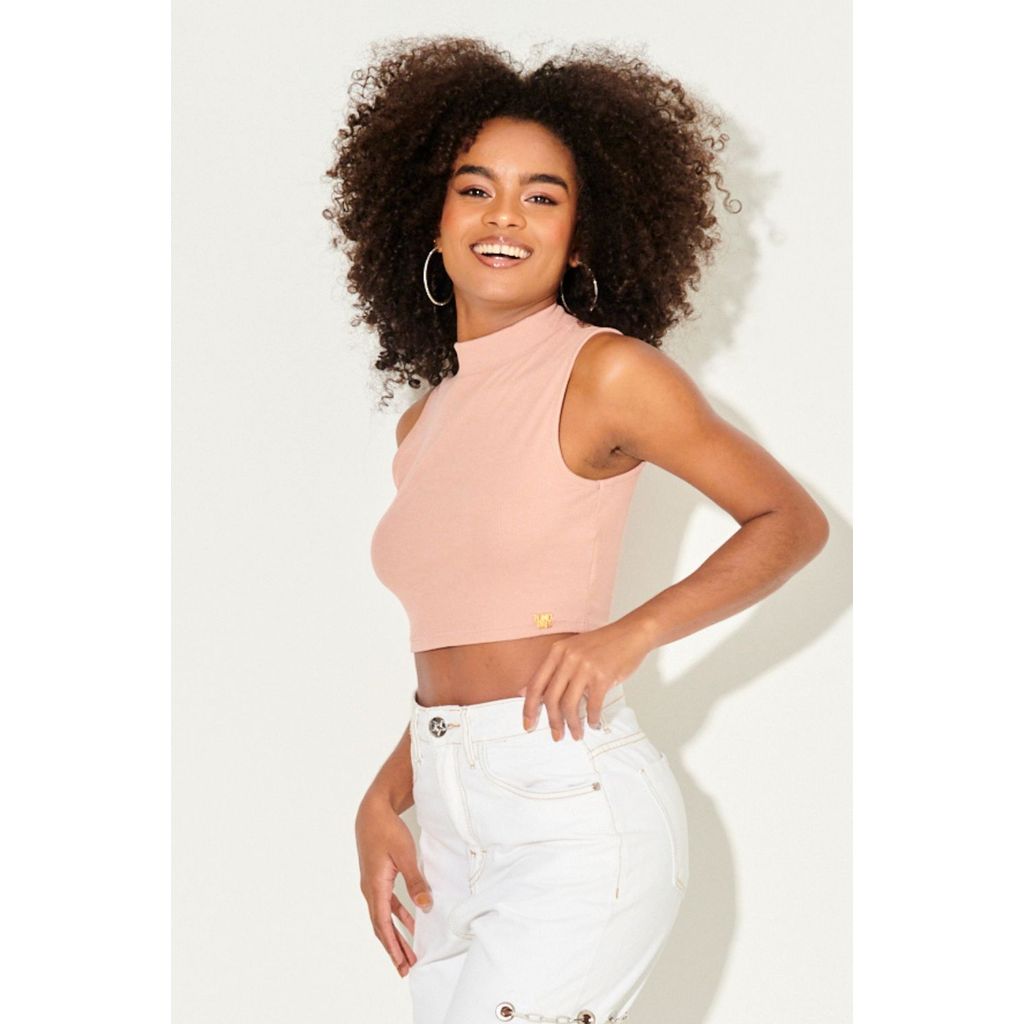 Cropped Feminino Canelada Gola Alta Planet Girls Bege Médio