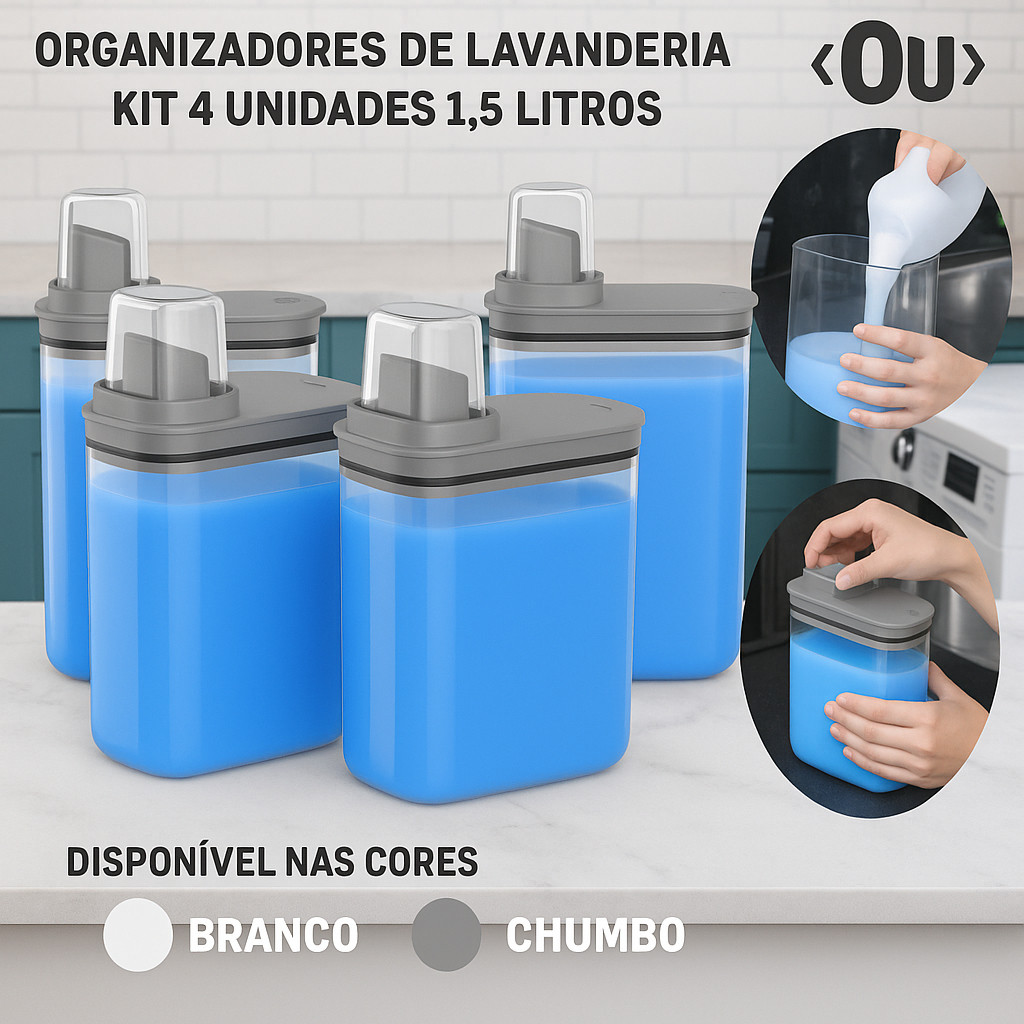 Kit Lavanderia 4 Dispenser 1,5L Pote Medidor Hermético Produtos Limpeza Organizador Flow OU em Oferta na Shopee