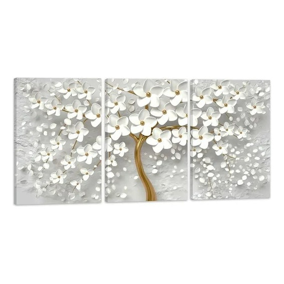 Trio Quadro Decorativo Flores Cerejeiras Brancas Dourada