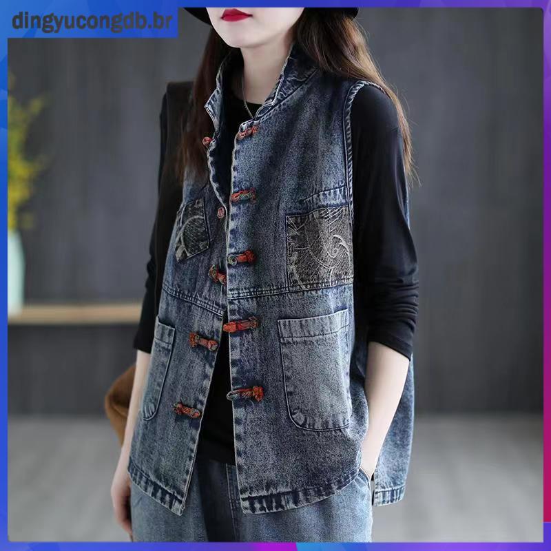 Colete jeans feminino outono novo estilo solto Casual costura lapela sem mangas colete superior jaqueta feminina