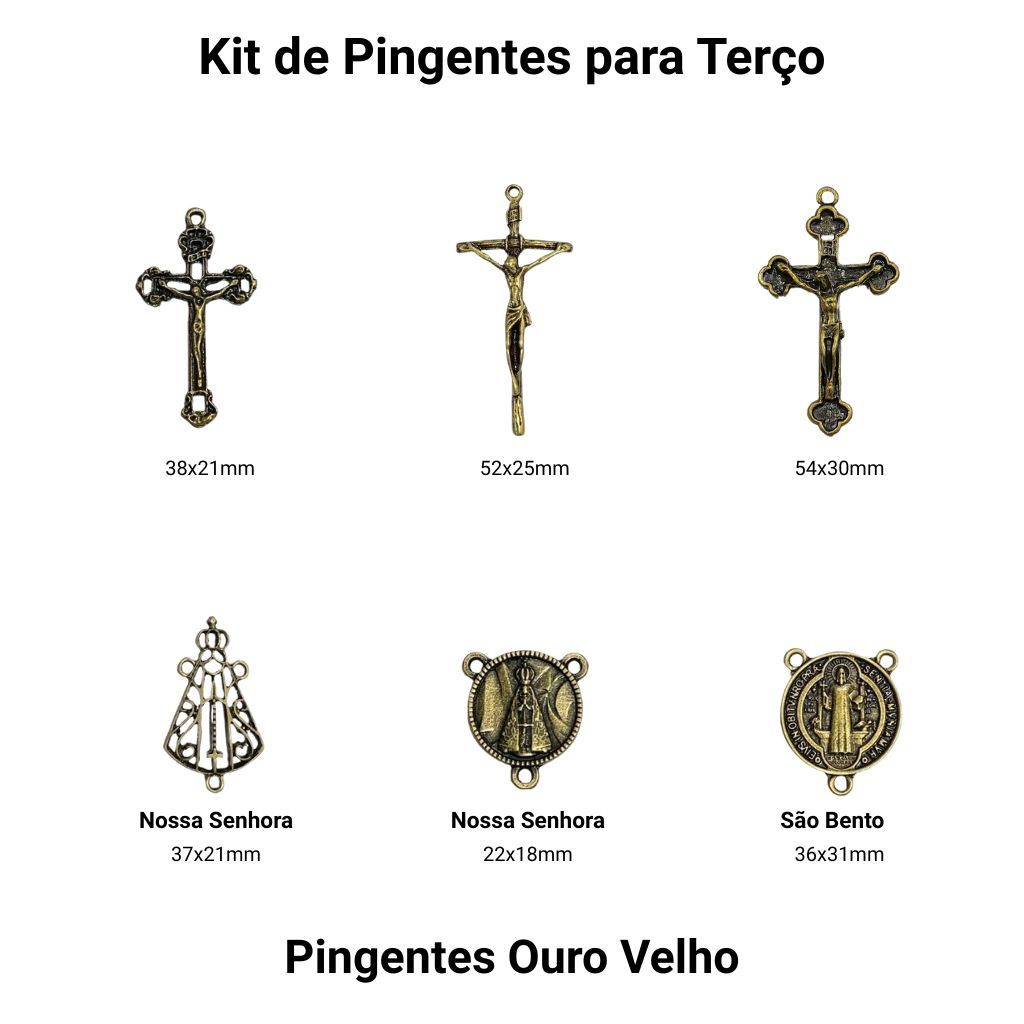Kit 6 Pingentes Ouro Velho Crucifixo e Entremeio para Montagem de Terço Tamanhos e Modelos Variados
