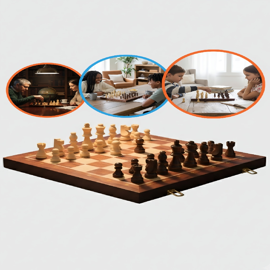 Jogo de Xadrez Madeira Tabuleiro Luxo 34 x 34 cm Dobrável Completo Oficial Profissional Marchetaria Presente Educativo