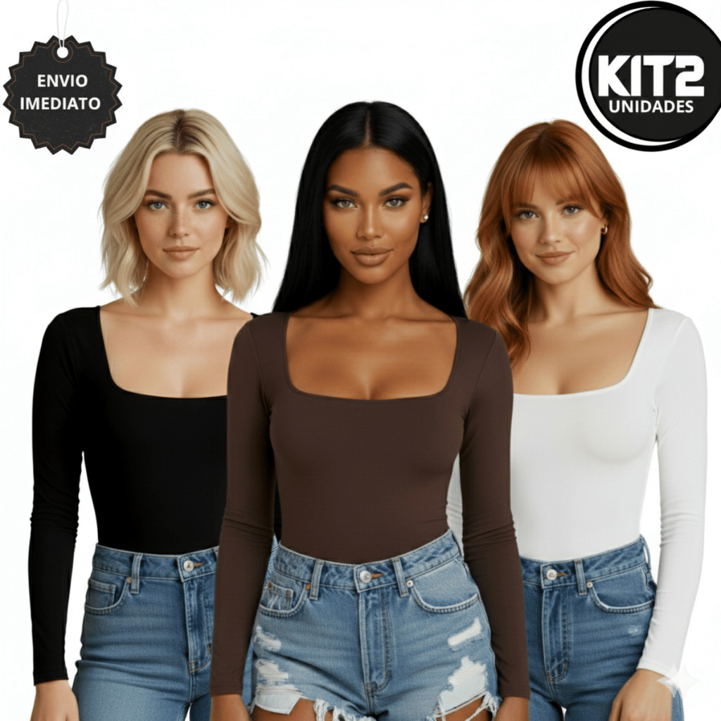 Kit 2 Blusa Manga Feminina Longa Decote Quadrado de Suplex Básica Promoção