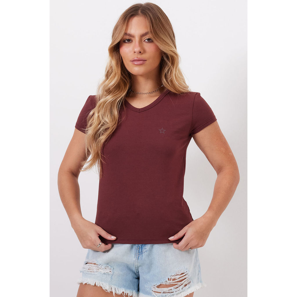 Camiseta Feminina Decote v Planet Girls Vinho em Oferta na Shopee