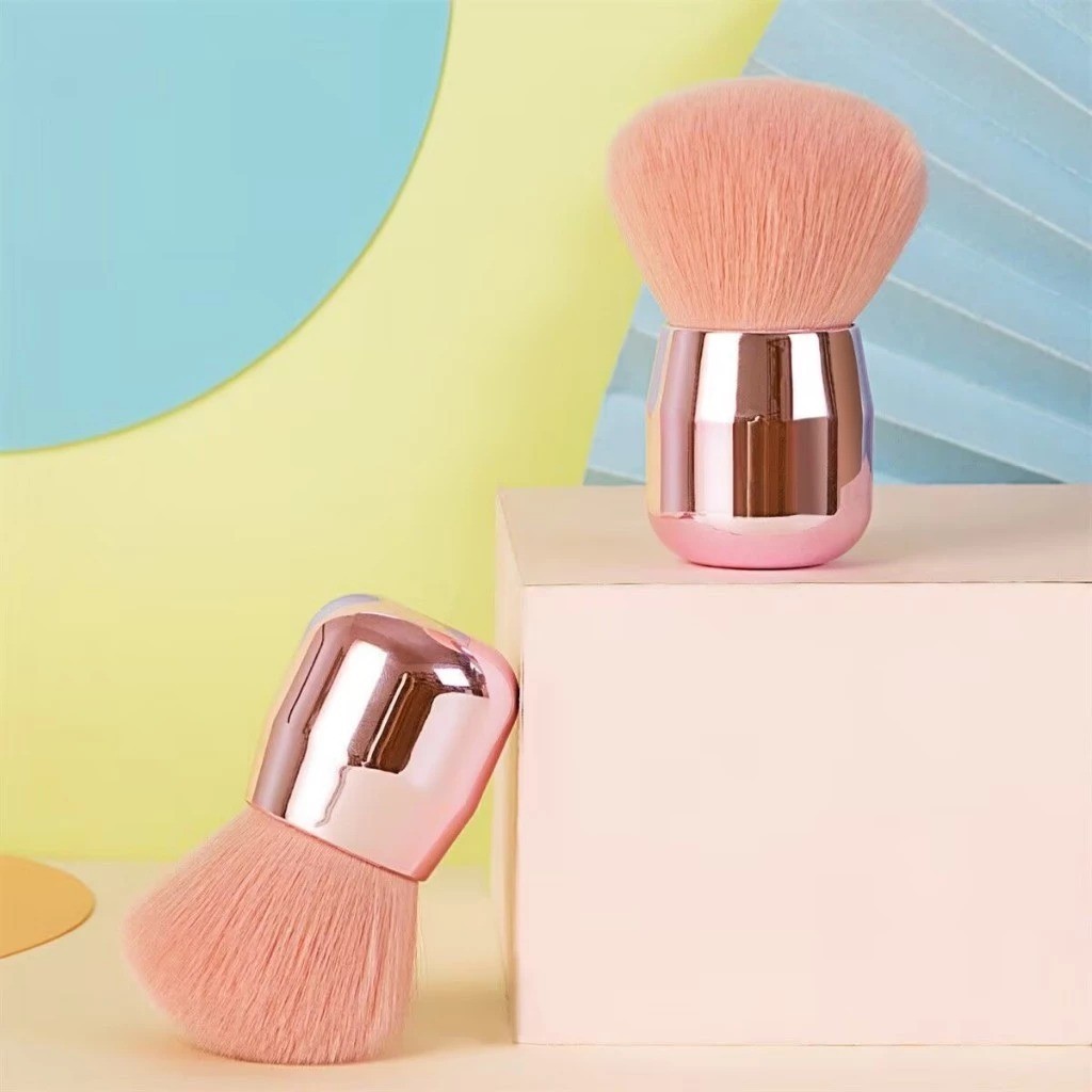 Kit 2 Peças Pincel De Maquiagem Facial Pó Blush Base Rosa Kabuki