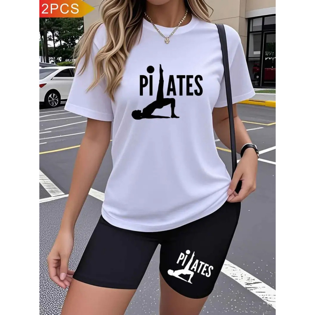 CONJUNTO FEMININO ACADEMIA CAMISETA+BERMUDA LEGGING ESTAMPA PILATES